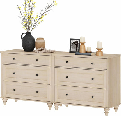 WAMPAT Kids Dresser with 6 Drawers, Baby Dressers with Wide Chest of Drawers, Mid Century Modern Wooden Closet Storage Organizer, Large Wood Dressers for Bedroom, Nursery, Hallway, Beige, 68 inch