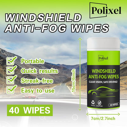 Glass Anti-Fog Wipes - Quick Windshiled Fogging Remover Resealable Bottle Pack Defogger for Windows, Helmets, Mirrors, Goggles -40 Wipes