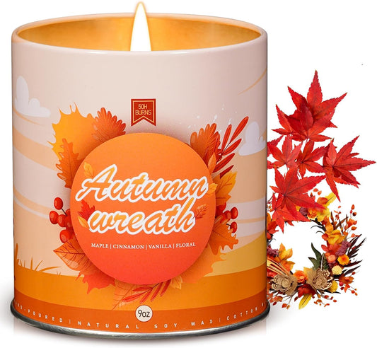 Autumn Wreath Fall Candles for Home Scented Natural Soy Wax Non Toxic Birthday Candles Scented Candle 40 Hours Bruning 9oz Aromatherapy Candle Gifts for Women Halloween Birthday Thanksgiving