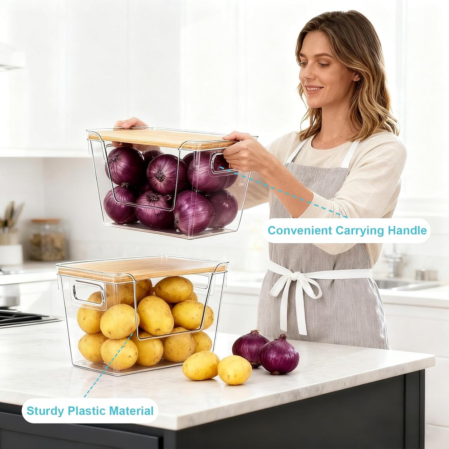 Stackable Trash Bag Dispenser with Bamboo Lid 2 Pack Clear Plastic Garbage Bag Holder, Potato Onion Storage, Kitchen Organizer for Countertop, Under Sink, Pantry