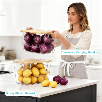 Stackable Trash Bag Dispenser with Bamboo Lid 2 Pack Clear Plastic Garbage Bag Holder, Potato Onion Storage, Kitchen Organizer for Countertop, Under Sink, Pantry