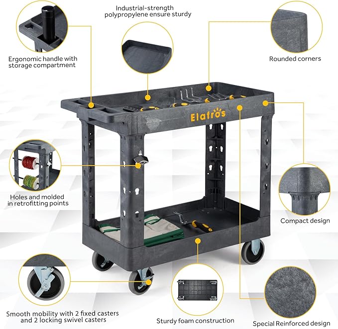 ELAFROS Heavy Duty Plastic Utility Cart 34 x 17 Inch - Work Cart Tub Storage W/Deep Shelves and 2 Fixed 2 Swivel Wheels Safely Holds up to 550 lbs - 2 Tier Service Cart for Warehouse,Garage, Gray