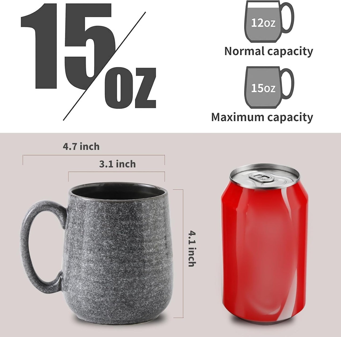 Hasense Dark Grey Coffee Mugs Set of 4, 12oz Ceramic Coffee Cups, Latte Mug with Large Handle for Coffee, Tea, Milk and Hot Cocoa,Easy Hold & Clean, Dishwasher & Microwave Safe