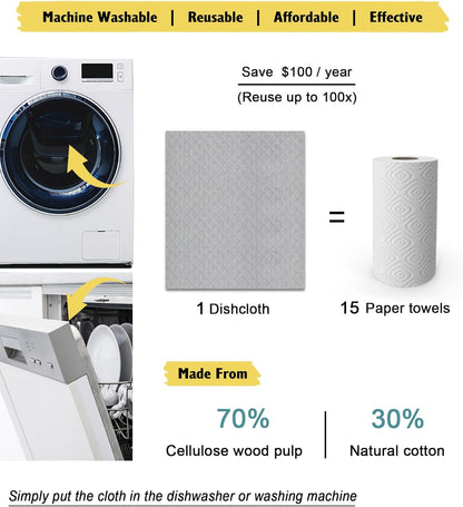 Swedish Dishcloths for Kitchen | 10 Pack Absorbent Cellulose Sponge Cloths Washable | Non-Scratch Reusable Paper Towels Quick Drying Cleaning Rag - Grey