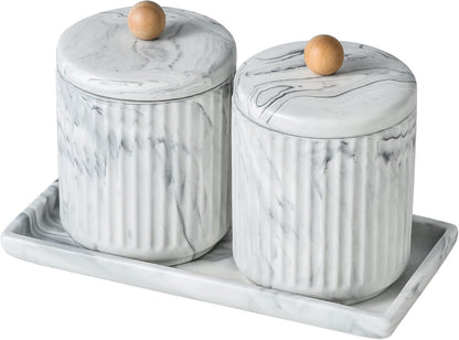 Marble Small Bathroom Jar Set ，Ceramic Cotton Swabs Holder with Lid and Dresser Organizer Set Tray for Storage and Organizing in Bathroom, Dresser, Kitchen, Office