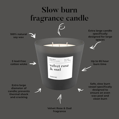 Hidden Label Large Scented Candle, Velvet Rose & Oud, 30oz 3 Wick Huge Candle, Serene Collection Slow Burn Natural Soy Candles for Home Scented