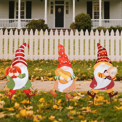 WONDER GARDEN 3 PCS Fall Yard Sign Metal Gnomes Decorative Garden Stakes with Led Lights Autumn Harvest Pumpkin Thanksgiving Garden Lawn Porch Patio Decorations Outdoor