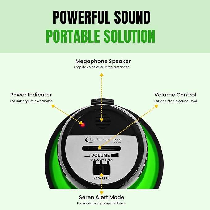 Technical Pro 20 Watts Lightweight Portable 300M Range Megaphone Bullhorn with Strap, Siren, and Volume Control, Good for Trainers, Soccer, Football, Baseball, Coaches