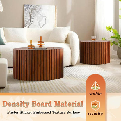 Round Nesting Coffee Table Modern Fluted Coffee Table Set of 2 Circle Drum Coffee Tables Small Round Accent Side End Table for Living Room No Assembly (Brown 27in)