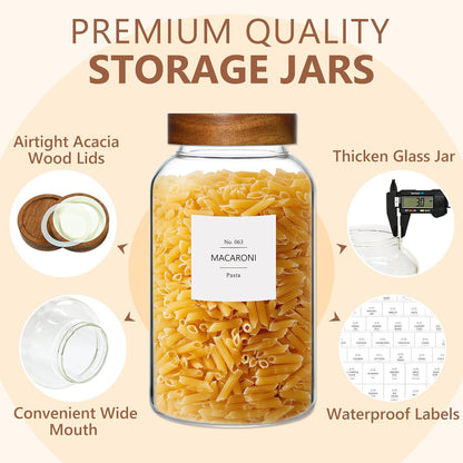 KEYWING 88oz Large Glass Jars with Airtight Acacia Wood Lids, Set of 3 Food Storage Containers for Flour, Sugar, Rice, Pasta, Cereal, Cookies – Includes 126 Labels