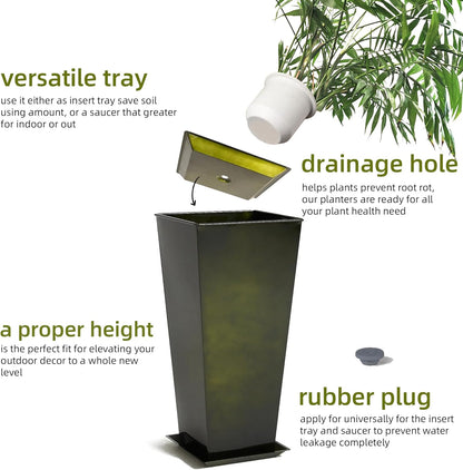 KOL 25'' & 28'' Tall Bright Glazed Planter with Insert, Set of 2, Galvanized Steel Planter Metal Pots with Drainage Hole for Indoor & Outdoor Use, Decorative Plant Pots for Front Porch, Patio - Green