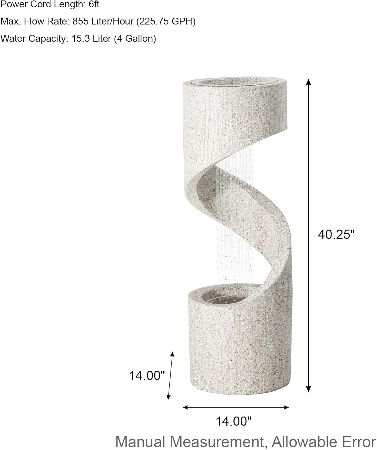 Glitzhome Decorative Tiered Outdoor Water Fountain with LED Light Vintage Curved Waterfall Fountain with Stone Planter Rustic Faux Terrazzo Spiral Shaped Fountains for Garden Patio Deck Porch, 40.25”H