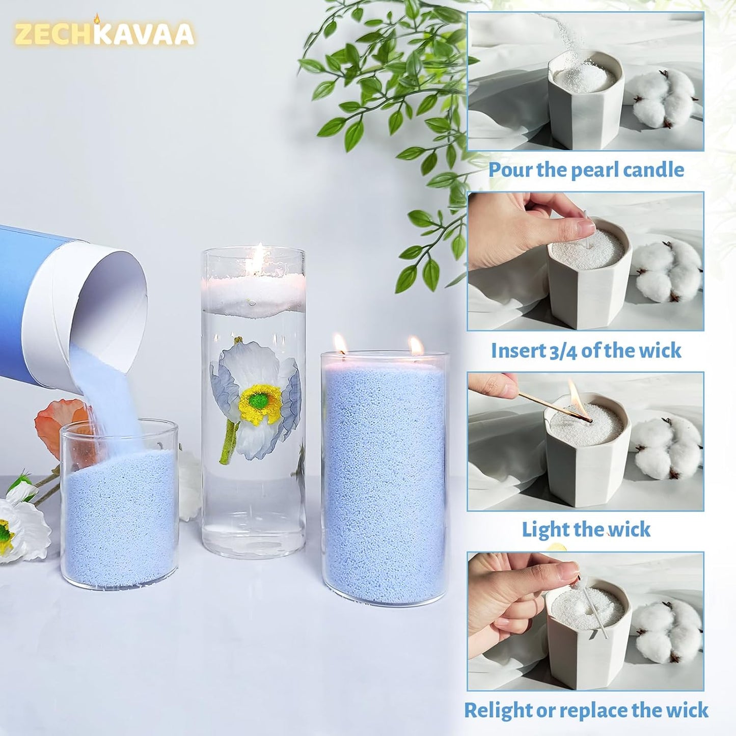 Bluebell Scented Light Blue Pearled Candle 18oz Luxury Sand Candle Granulated Wax - 30 Cotton Wicks - Wax for Candle Making Decorative Candles Smooth and Clean Burning Lasts up to 120 Hours