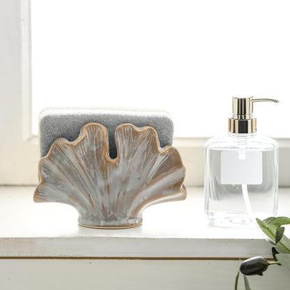 Ceramic Sponge Holder,Sponge Holder for Kitchen Sink,Compact Sink Caddy Organizer-Scouring Pad and Dish Holder,Farmhouse Kitchen Decor Cute Gadgets Accessories(Brown Grey)