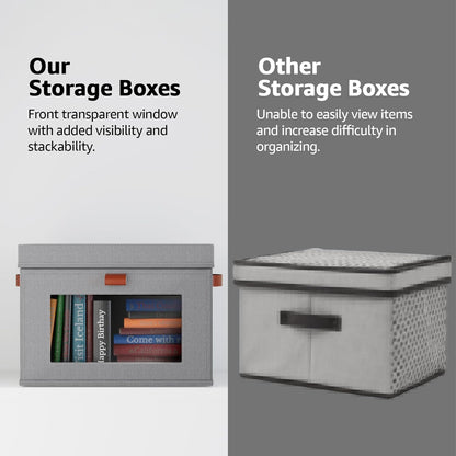 Large Storage Bins with Lids,Stackable&Collapsible Closet Storage Bins,Oxford Fabric Organizer Box with Clear Window,Large Decorative Storage Boxes for Shelves,Wardrobe,Living Room,Dorm(Grey)