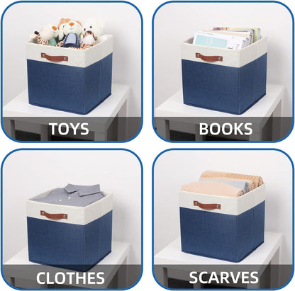Temary Fabric Storage Bins for Cube Organizer 4 Pack Cube Storage Bins 13 Storage Cubes for Shelves Storage Baskets for Organizing Books, Clothes, Towels (White & Blue, 13x13x13 Inch)
