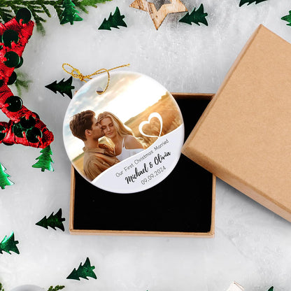 Our First Christmas Married Ornament, Personalized Photo Christmas Ornament 2025 for Newlyweds, Couple Just Married Ornament, Customized Wedding Gifts for Couples Him Her
