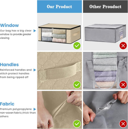 HomeHacks Storage 3-Pack Clothes Organizer Storage Bags Foldable Storage Box with Large Clear Window Sturdy Handles for Closet, Dorm, Pillows, Bedding, Clothes, Blankets, 35L, Beige