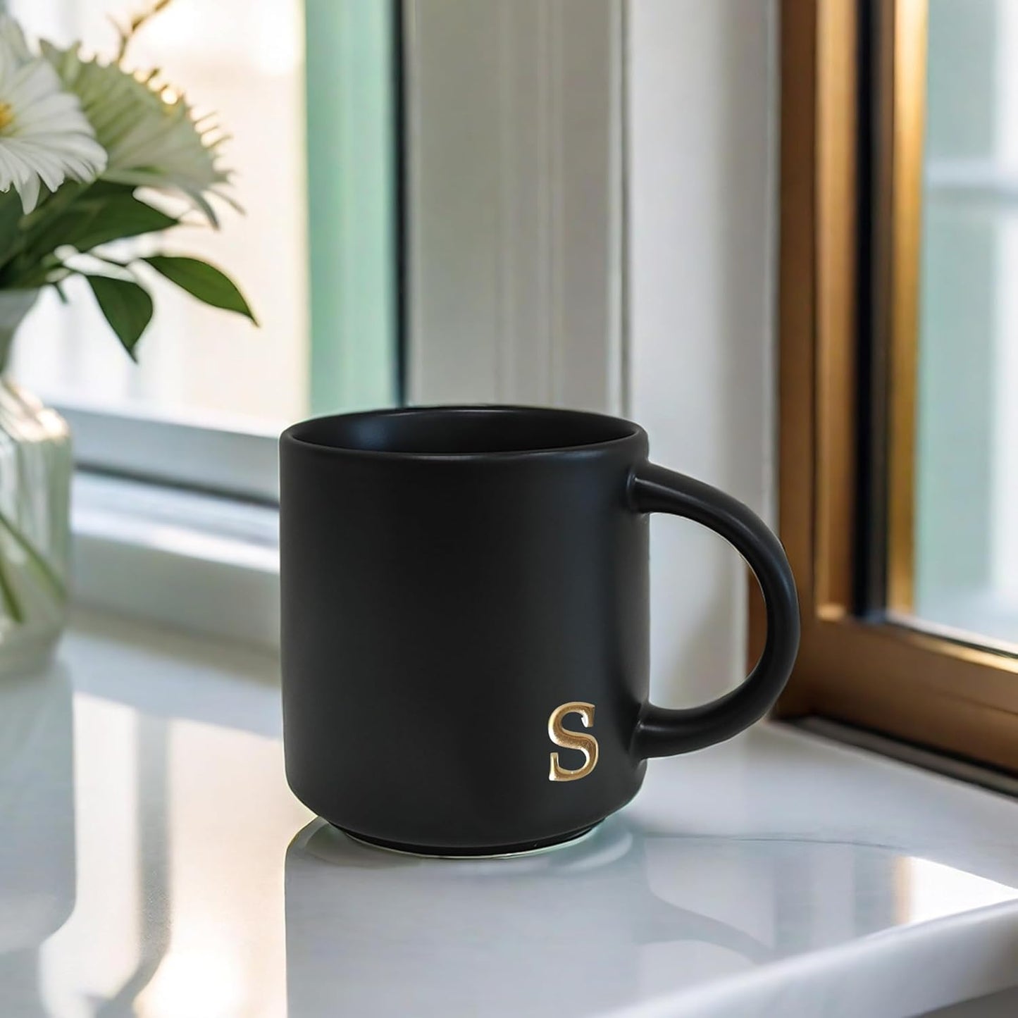 COLLECTIVE HOME - Black Monogram Ceramic Mugs, 15 oz Golden Initial Coffee Cups, Elegant Alphabet Tea Mugs, Personalized Halloween Mug with Gift Box, Perfect for Office and Home Décor (s)