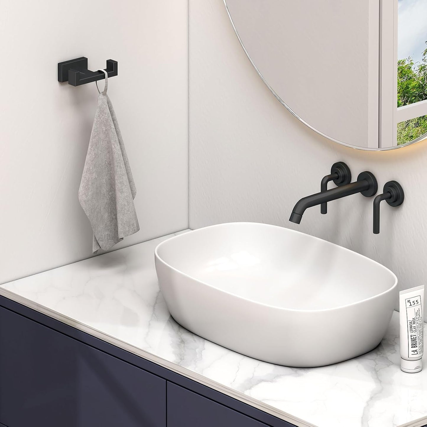 Angle Simple Double Towel Hook Matte Black, Stainless Steel Bathroom Towel Holder, Coat Robe Hook Wall Mount