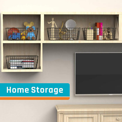 Metal Wire Food Storage Basket Organizer with Wooden Handles for Organizing Kitchen Cabinets, 2 Packs-Black-large