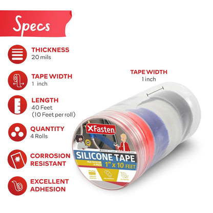 XFasten Self Fusing Silicone Tape Waterproof Multicolor – 1" x 10 Feet 4-Pack, Self Amalgamating Tape, Silicone Rubber for Plumbing, Sealing Pipes, Hose Repair, Outdoor Coax and Electrical Cables