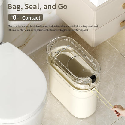 MRBIN Slim Automatic Bathroom Trash Can, 10L/2.6gal Touchless Pull Out Bagging Motion Sensor Waste Basket, Electric Smart Garbage Pail for Narrow Rv, Kitchen, Bedroom, White