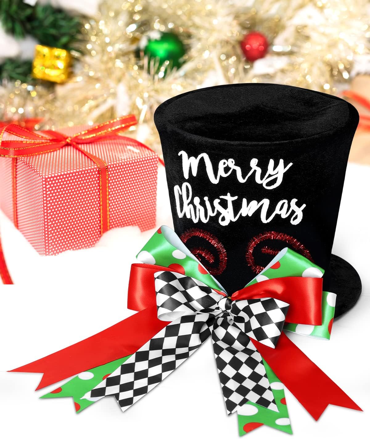 Merry Christmas Tree Topper Whimsical Top Hat with Check Bows Xmas Tree Ornament Winter Holidays Home Decoration Wreath Attachment Festive Gift Ideas Supplies