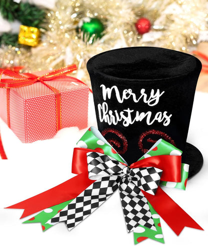 Merry Christmas Tree Topper Whimsical Top Hat with Check Bows Xmas Tree Ornament Winter Holidays Home Decoration Wreath Attachment Festive Gift Ideas Supplies