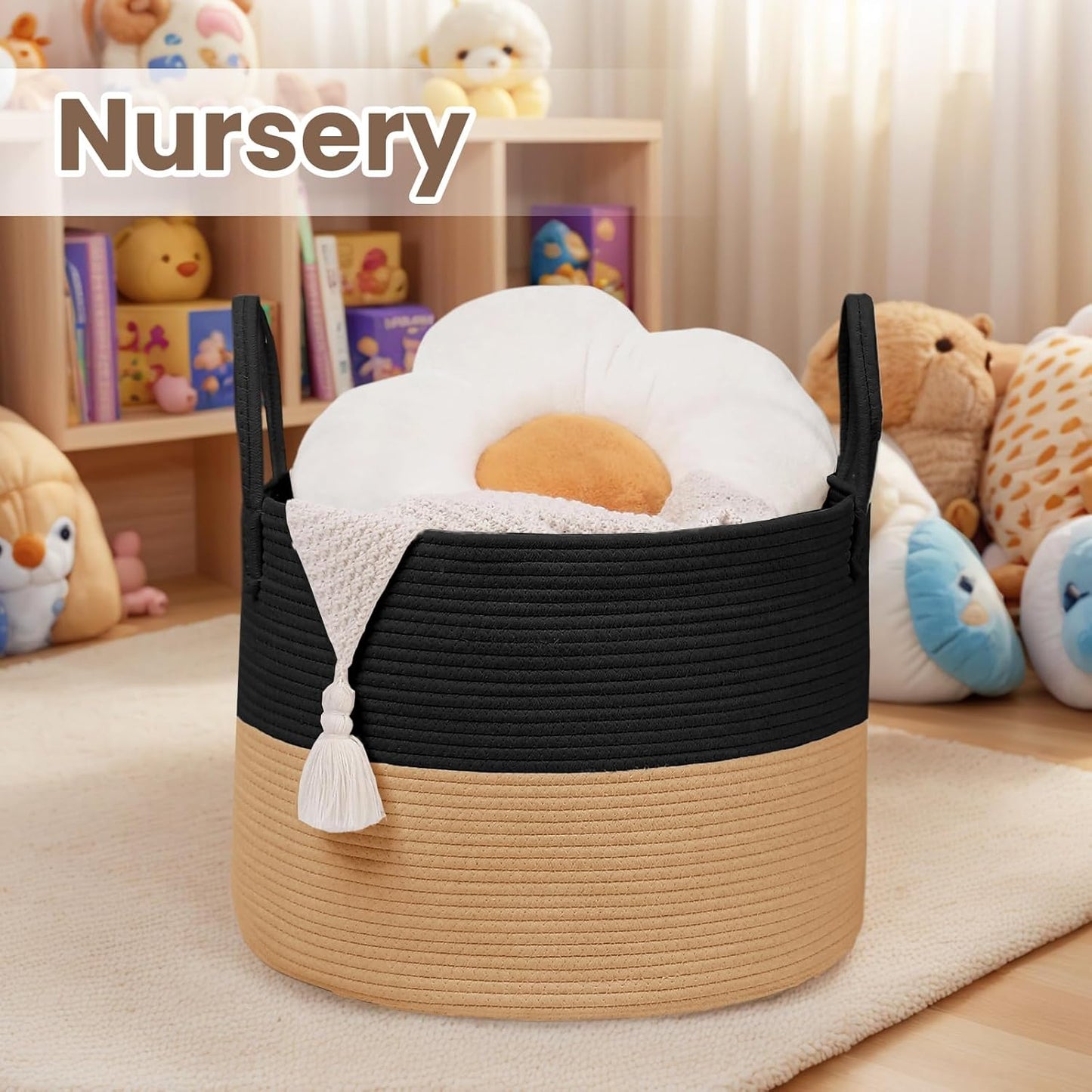 Woven Blanket Basket,115L Large Rope Storage Bin with Handles, Organizer for Blankets Toys Book and Clothes, Laundry Basket for Living Room Bedroom Nursery,Black&Jute