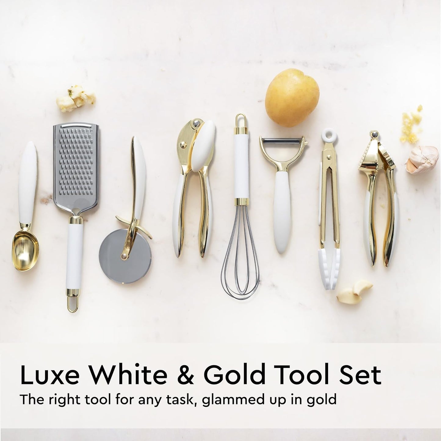 White and Gold Kitchen Utensils Set - 23-Piece Gold Kitchen Accessories Include Measuring Cups and Spoons Set, Silicone Utensils, and Utensil Holder for Baking, Cooking, and Stylish Kitchen Decor