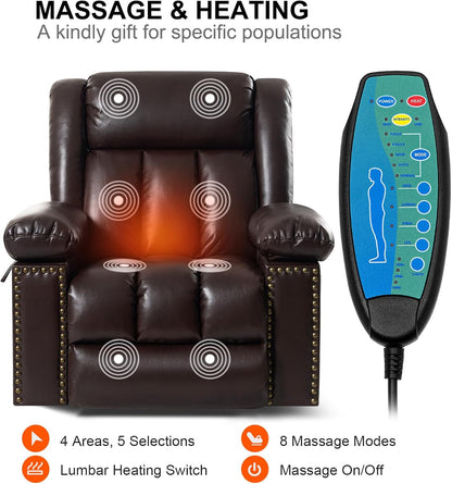 Electric Power Lift Recliner Chair for Elderly with Heat & Massage, Breathable Leather Large Reclining Chairs w/2 Concealed Cup Holders for Seniors Home Living Room,Set of 2,Brown