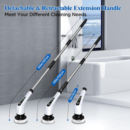 Electric Spin Scrubber, Cordless Bath Tub Power Scrubber with 8 Replaceable Drill Brush Heads, Shower Cleaning Brush with Adjustable Handle for Bathroom, Tile Floor & Car, White, (ANS-8050)