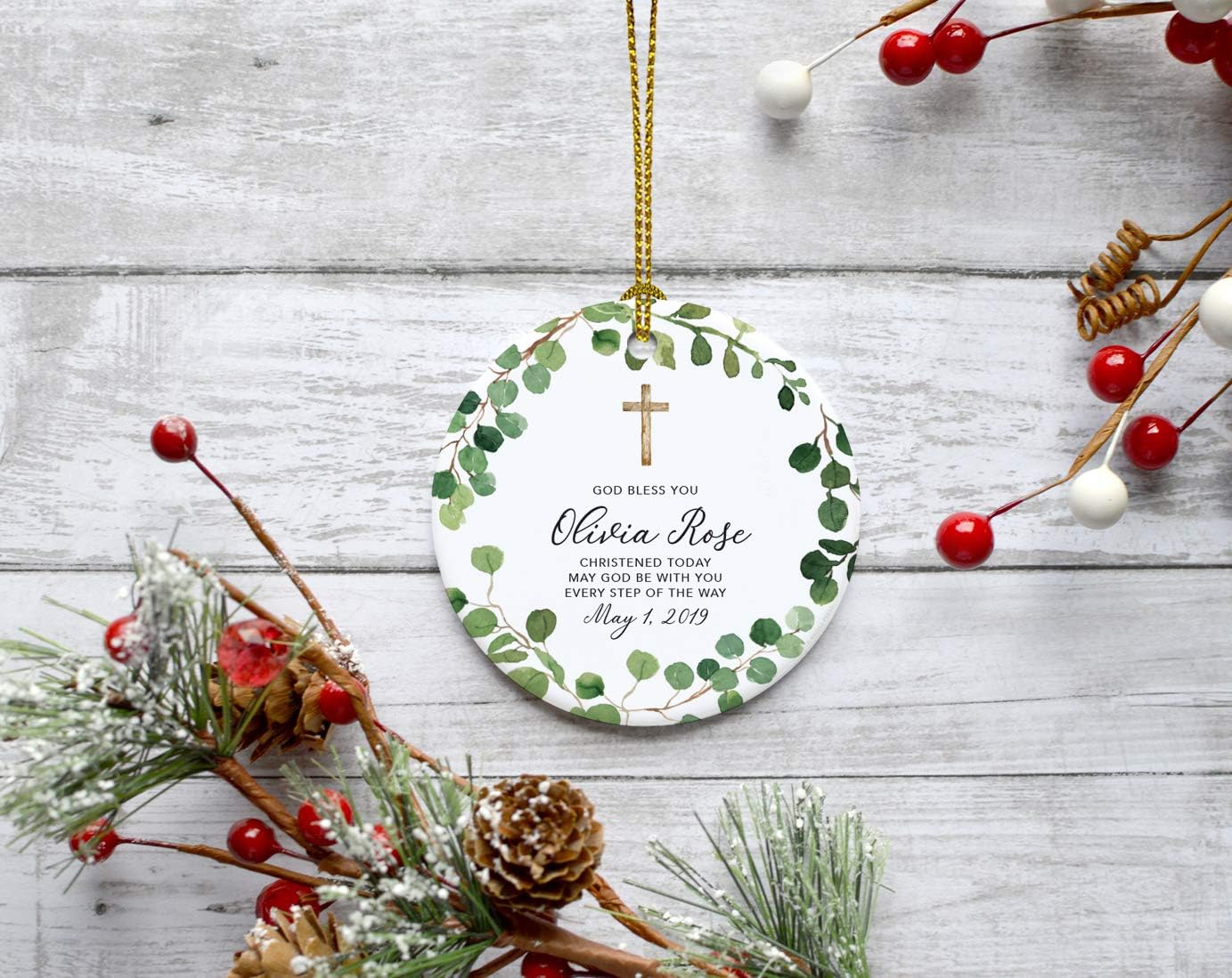 Andaz Press Personalized Round Ceramic Porcelain Christmas Ornament Keepsake Collectible Gift, God Bless You Olivia Rose Christened Today, Farmhouse Eucalyptus Wreath, 1-Pack