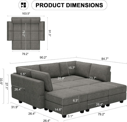 Belffin Modular Sectional Sleeper Sofa Couch with Storage Ottoman Convertible Sectional Couches for Living Room Terry Reversible Chaise. Light Grey Sofa