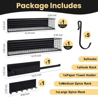 Magnetic Spice Rack for Refrigerator Magnetic Fridge Shelf for Kitchen Spice Organizer Magnetic Shelf, Classic Grid Design, 2*Spice Racks, 1*Hooks Rack, 1*Paper Towel Holder, 5*Removable Hooks