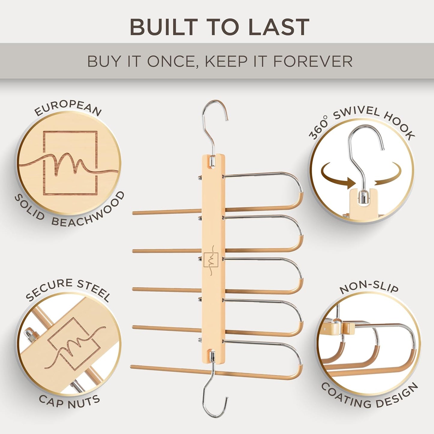 MORALVE Pants Hangers Space Saving - 2 Pack European Beechwood Scarf and Jean Hangers - Closet Organizer and Space Saver Pant Rack, Leggings Hanger, and Scarf Holder with 360° Swivel Hook