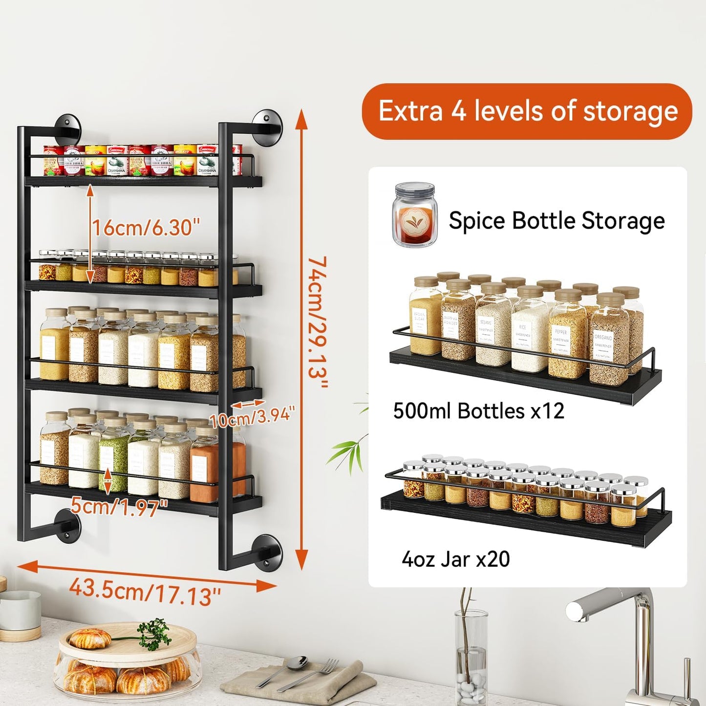 IBUYKE Spice Rack Wall Mount,4 Tier Hanging Seasoning Organizer, Spice Rack for Wall for up to 50 Jars,Spice Organization for Kitchen Cabinet,Living Room,Bathroom,Pantry,Black UTLJ016B