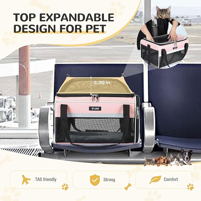 Lekereise Top-Expandable Pet Carrier 17x11x9.5 Inch Alaska Hawaiian Airline Approved Soft Sided Underseat to 12lbs Travel Carriers for Small Cats and Dogs with Locking Safety Zippers Anti-Scratch Mesh