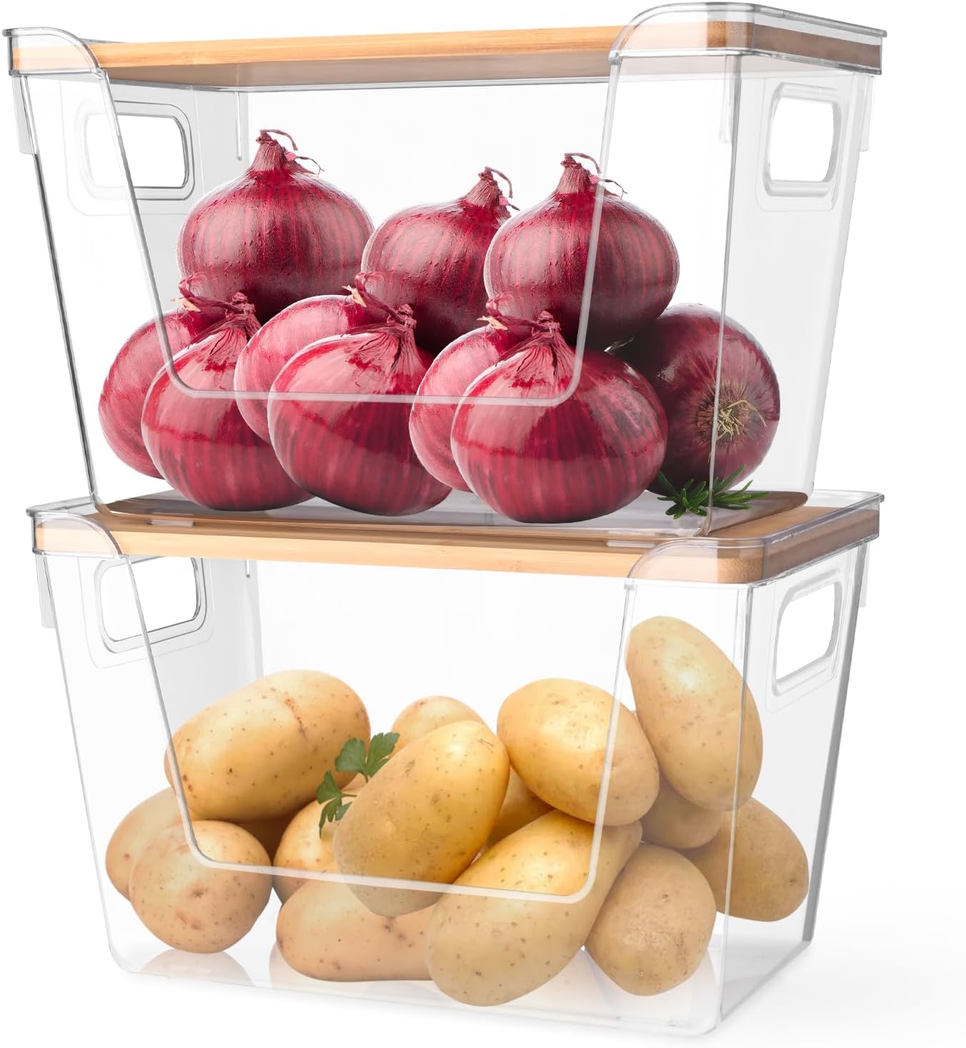 2 Pack Pantry Organizers Storage for Kitchen, Storage Bins with Bamboo Lids, Large Capacity, Clear Stackable Storage Containers forHome, Cabinet, Shelf, Food Storage & Fridge Organization