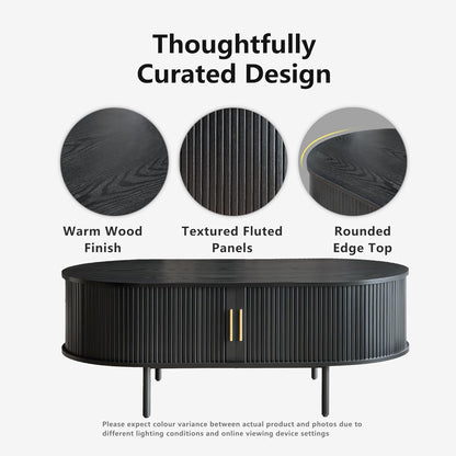 Modern Coffee Table with Storage, 47.2" Oval Fluted Coffee Table with Sliding Doors, Minimalist Tea Table with Wood Grain Veneer, Mid Century Center Tables for Living Room, Apartment, Black