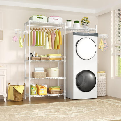 Ulif U6 Clothes Drying Rack, 5-Tier Over Washer and Dryer Laundry Room Storage and Organizer, Heavy-Duty Space Saver, 65.3" W x 13.4" D x 77.5" H, White