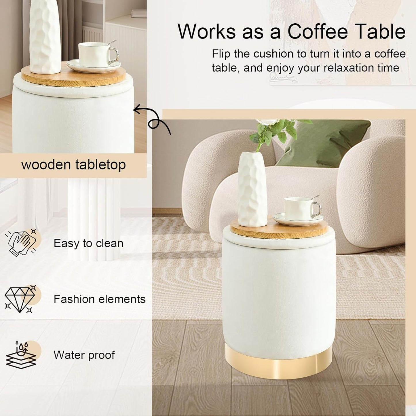 Round Ottoman with Storage Set of 2, Upholstered Velvet Storage Ottomans, Vanity Stool, Multifunctional Ottomans, Coffee Table Foot Rest Ottoman for Living Room Bedroom, White