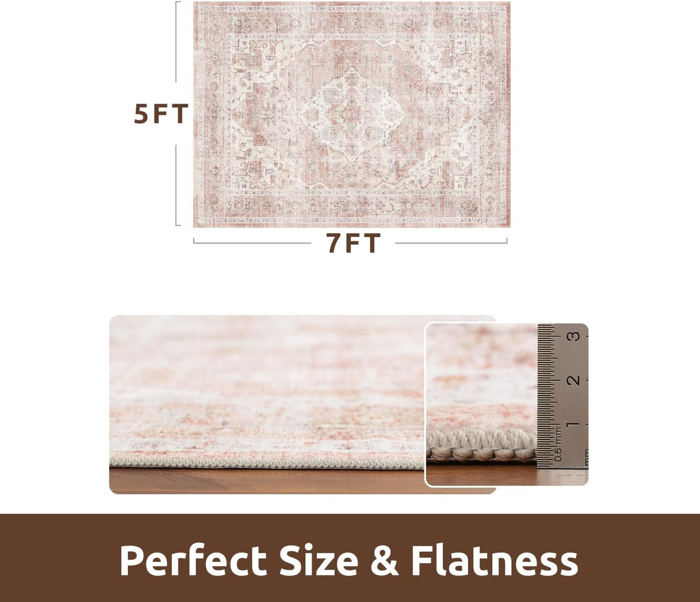 AMOAMI-Area Rug 5X7 Rugs for Living Room-Vintage Soft Pink Rugs for Bedroom-Non Slip Carpet-Machine Washable Rug for Dining Room Living Room Bedroom Office Under Table