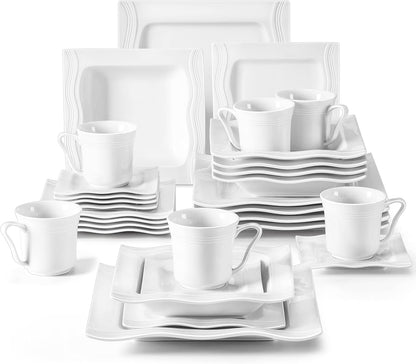 MALACASA 30 Pieces Dinnerware Sets, Modern Ivory White Plates and Bowls Sets for 6, Porcelain Dish Set with Dinner Plate, Dessert Plate, Soup Plate, Cup and Saucer, Square Dishware Set, Series Mario