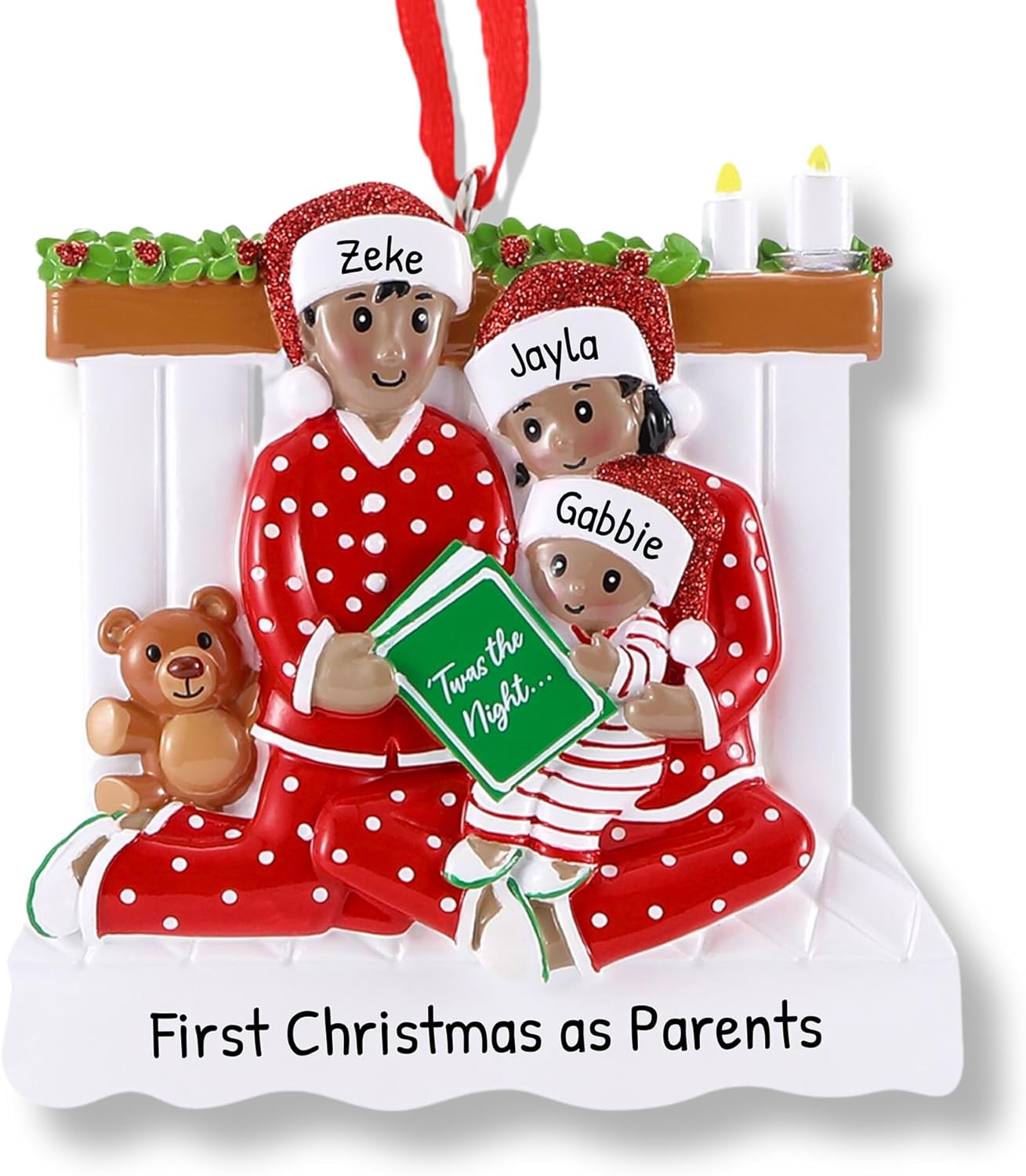 3D African American Pajama Family of 3 Christmas Ornament 2025 Personalized Family Christmas Ornaments 2025 | Black Reading a Book Personalized Tree Ornaments in Red Pajama of Three Ornament Gifts