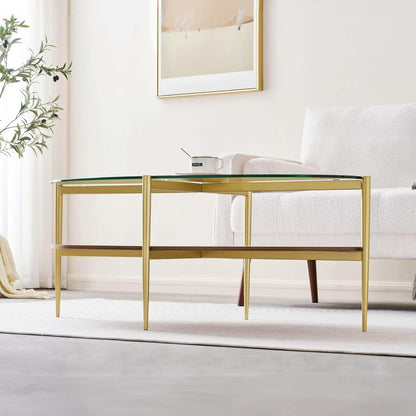 Oval Glass Coffee Table, Mid-Century Modern Design, L43 x W22 x H17 inch, 2-Tier Structure, Olive Shaped Clear Glass Top and Walnut Finish Wood Shelf, Tapered Legs with Gold Finish Frame