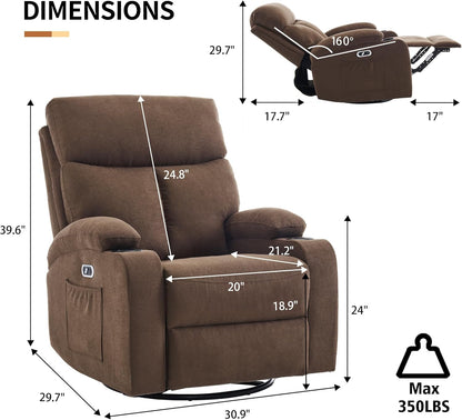 Swivel Power Recliner Chair for Adults with Full Body Massage, Electric Rocker Recliner Chairs for Living Room with USB and Type-C Ports, Fabric Rocking Reclining Sofa Chair (Cocoa Brown)