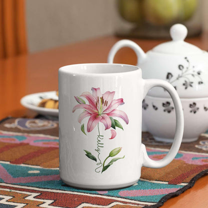 Customized Lily Flower Accent Cup, Novelty Flower Design Mug 11oz 15oz, Personalized Name Lily Lover Ceramic Cup, Custom Flower Decorative Mug, Unique Coffee Cup For Girl
