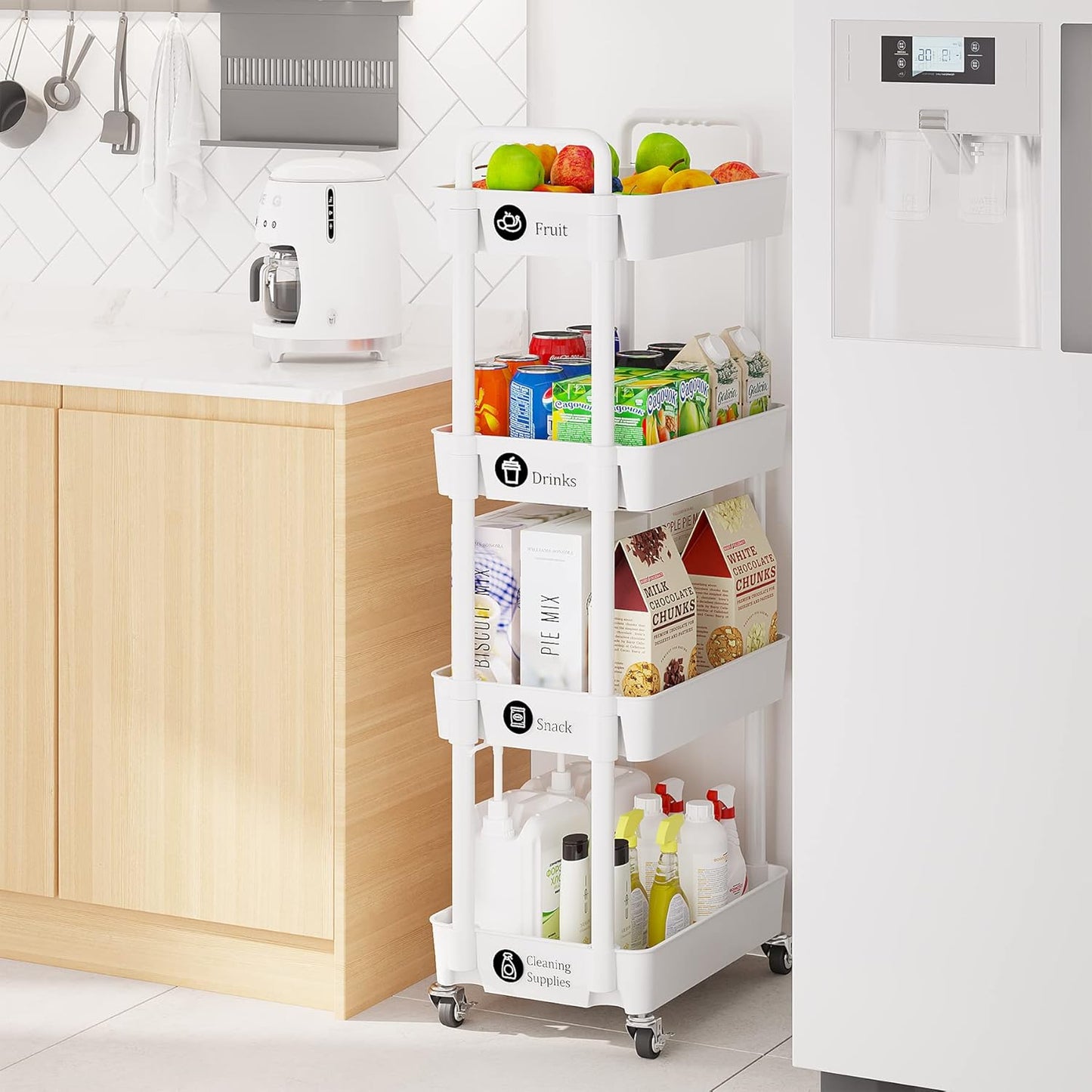 Laiensia 4-Tier Storage Cart,Multifunction Utility Rolling Cart Kitchen Storage Organizer,Mobile Shelving Unit Cart with Lockable Wheels for Bathroom,Laundry,Living Room,With Classified Stickers,White